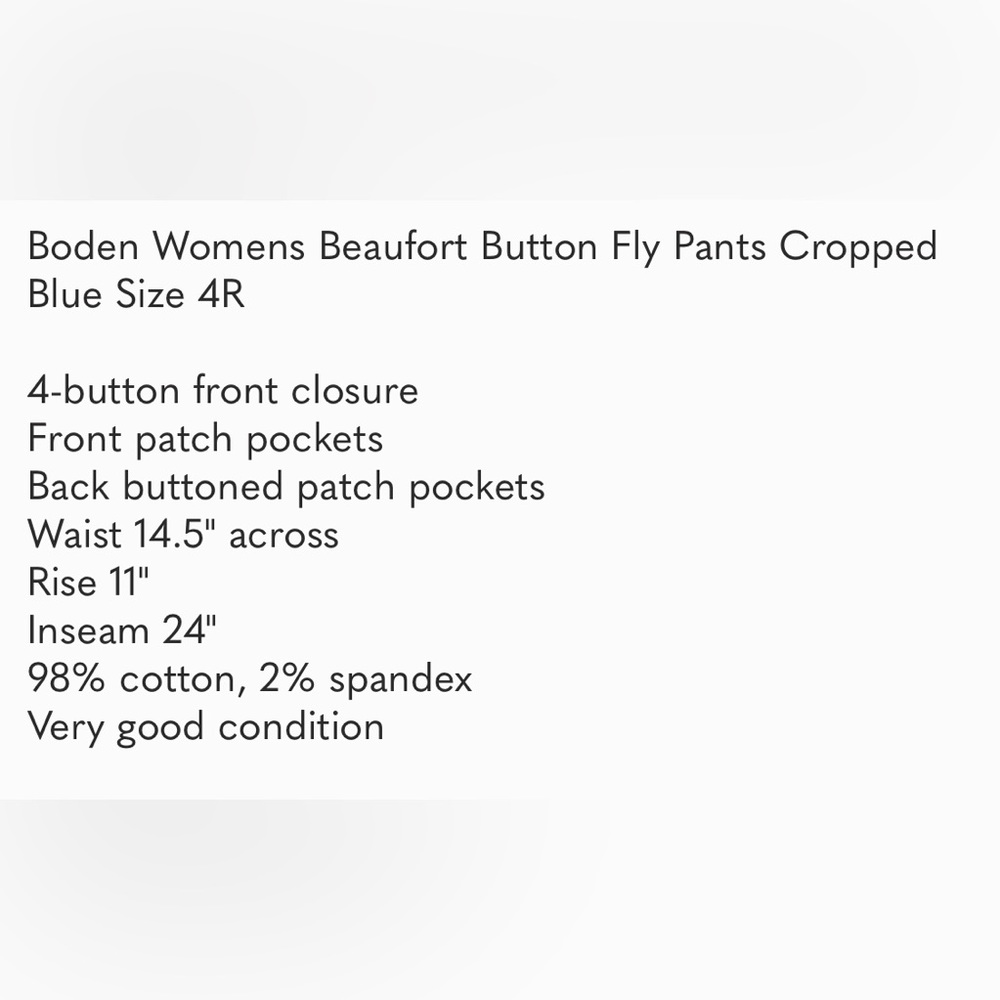 Boden Womens Beaufort Button Fly Pants Cropped Blue Size 4R - Picture 6 of 6